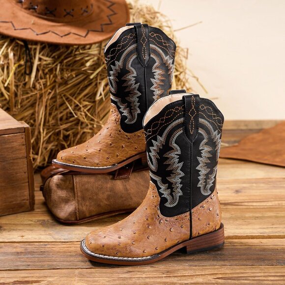 ⚡Kid Brown Ostrich Synthetic Cowboy Riding Shoes Square Toe Wide Calf Boot - Picture 4 of 6